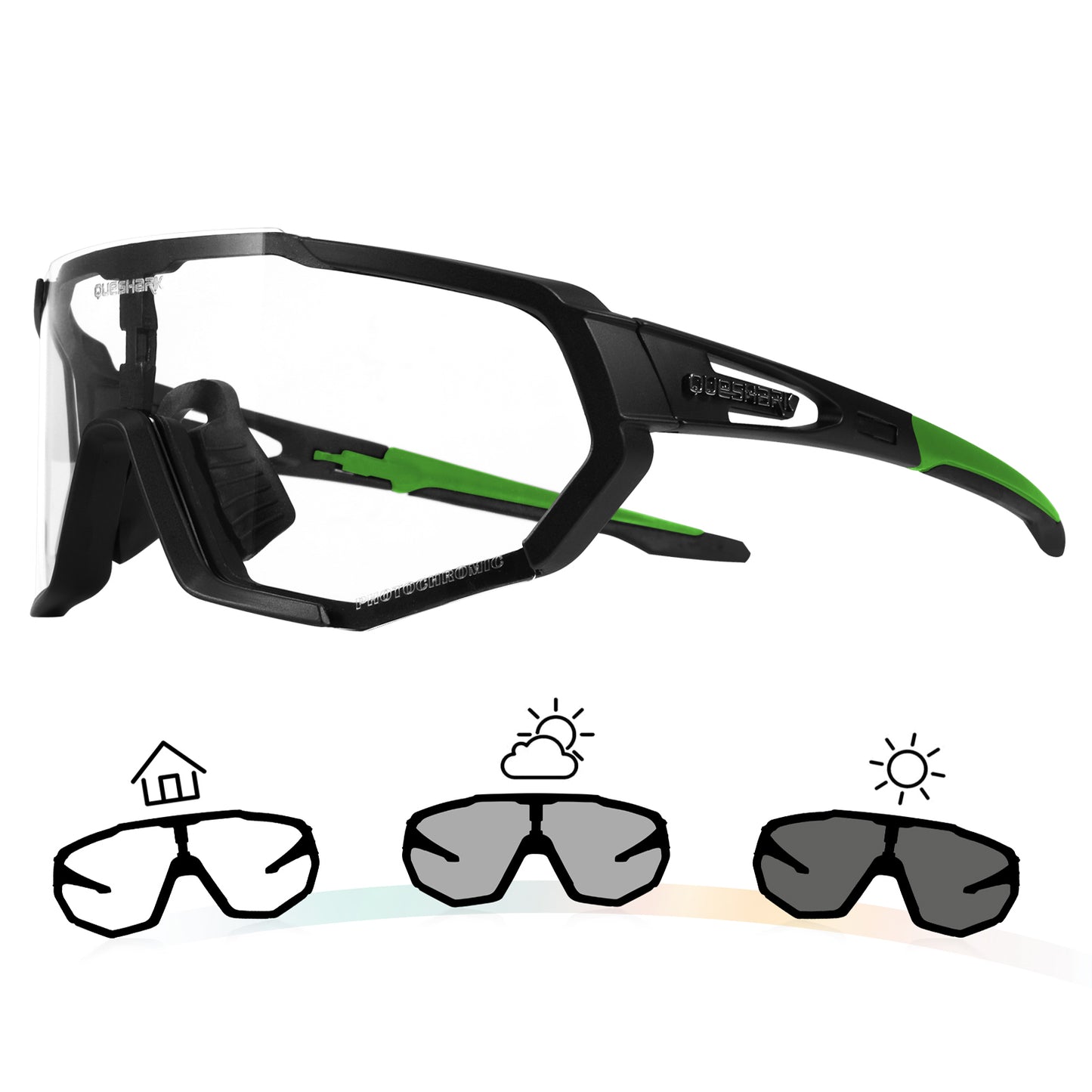 QE48 BS Queshark Photochrome Sonnenbrille für Männer Frauen Sicherheit Fahrradbrille UV-Schutz Outdoor Sport MTB Schwarz Grün