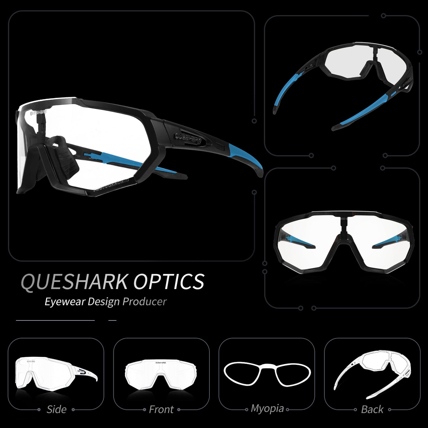 QE48 BS Queshark Occhiali da sole fotocromatici per uomo Donna Sicurezza Occhiali da ciclismo Protezione UV Sport all'aria aperta MTB Nero Blu