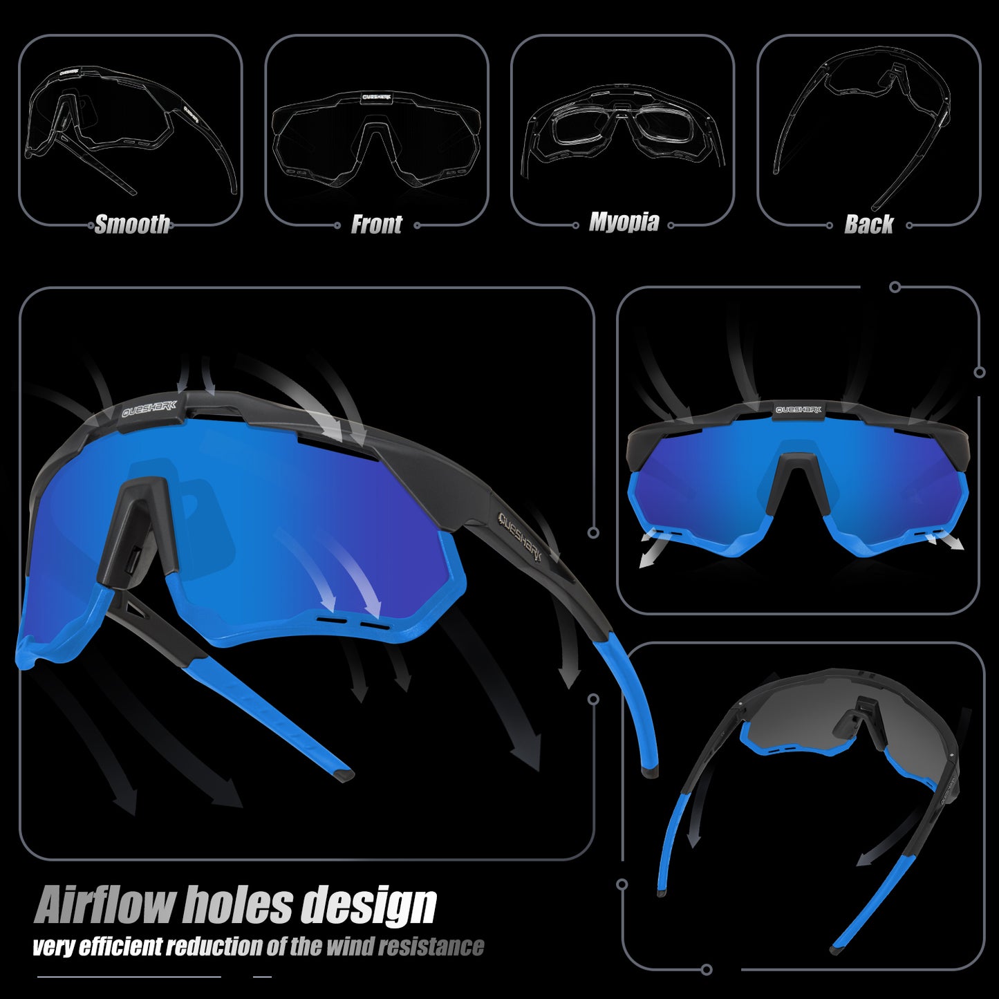 <transcy>QE52 ​​Gafas de ciclismo polarizadas negras azules Hombres Mujeres Gafas de sol deportivas con montura / lente reemplazables</transcy>