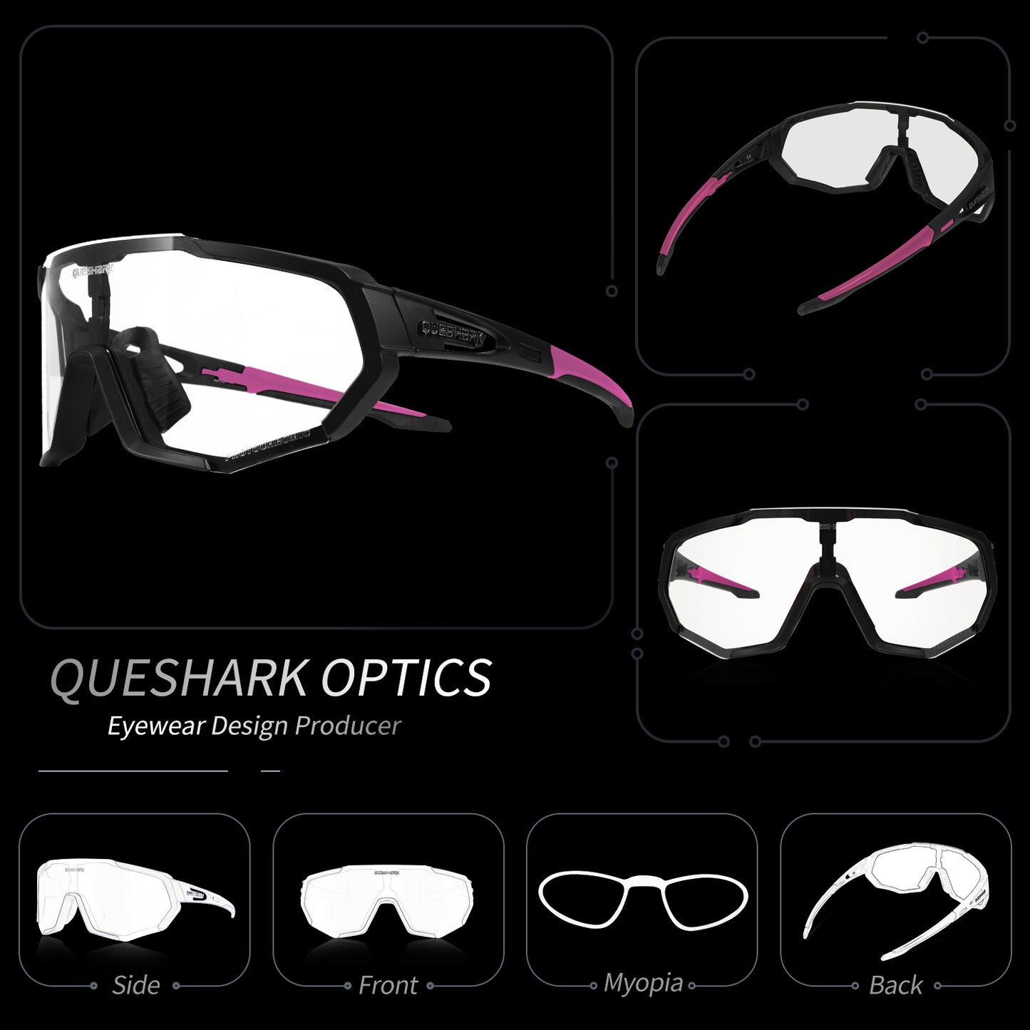 QE48 BS Queshark Photochrome Sonnenbrille für Männer Frauen Sicherheit Fahrradbrille UV-Schutz Outdoor Sport MTB Schwarz Rosa