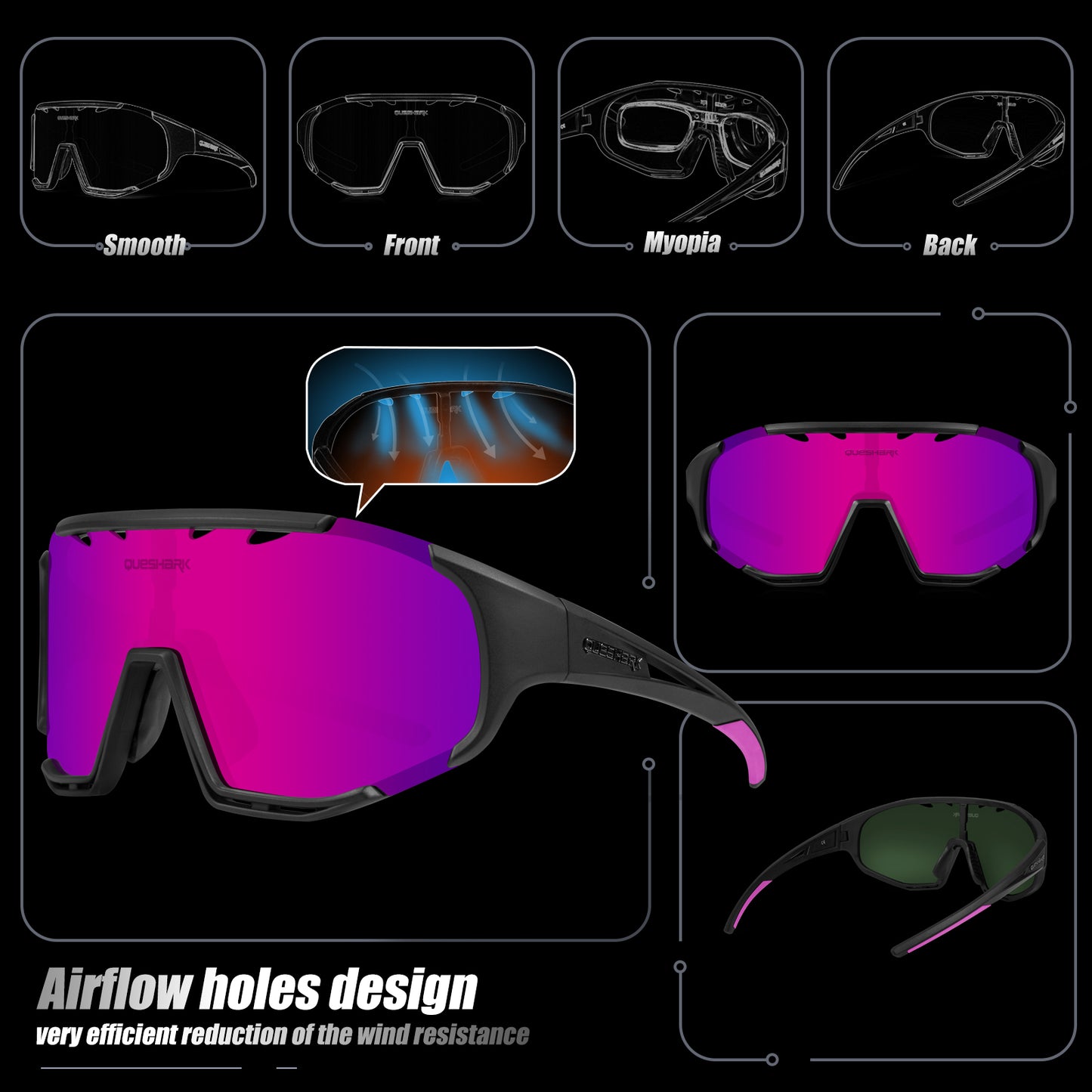 <transcy>Óculos de sol polarizados pretos rosa QE55 Óculos de ciclismo masculino e feminino Óculos de direção grandes com 5 lentes</transcy>