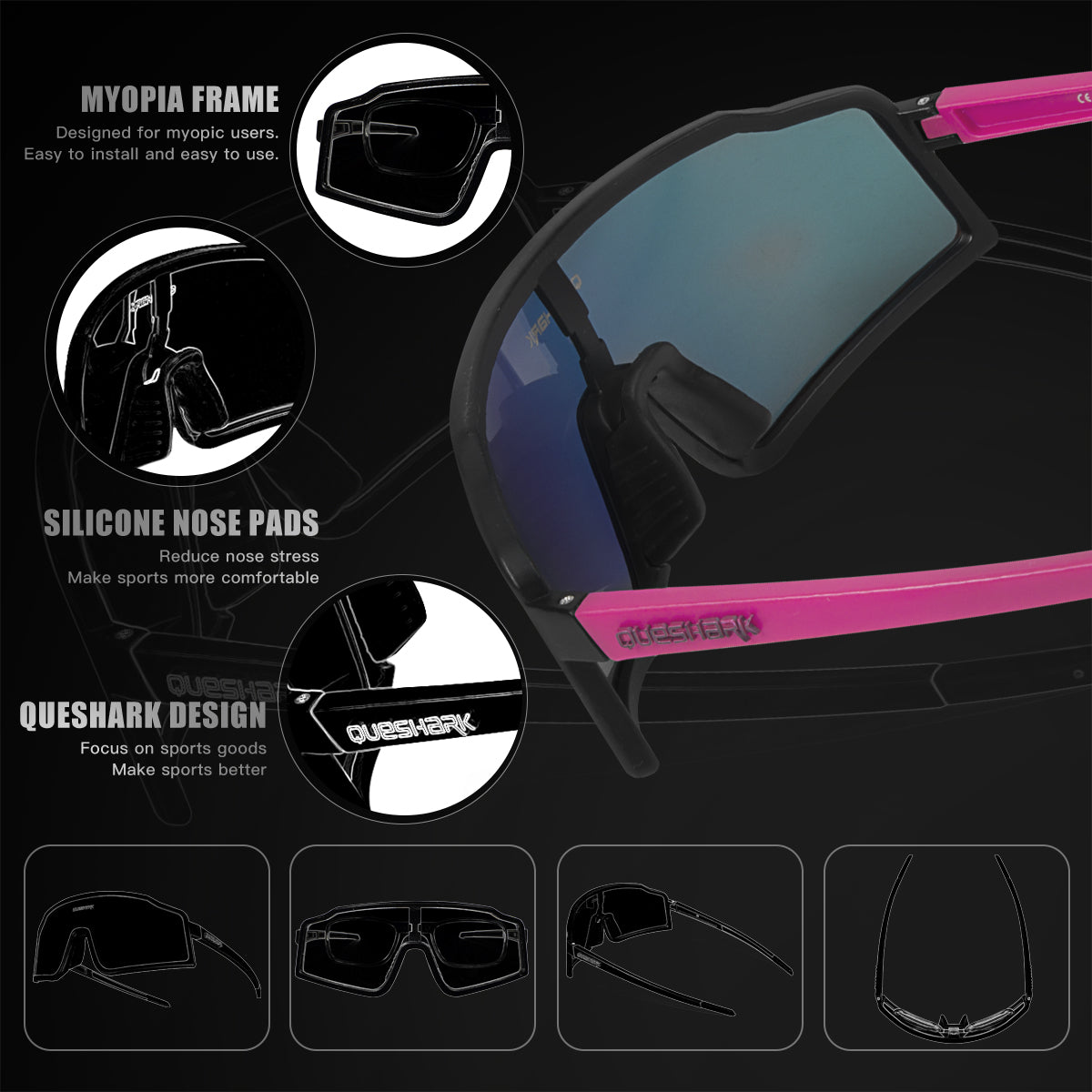 QE54 Black Pink Sports Glasses Polarized Bicycle Sunglasses Cycling Eyewear 3 Lens/Set
