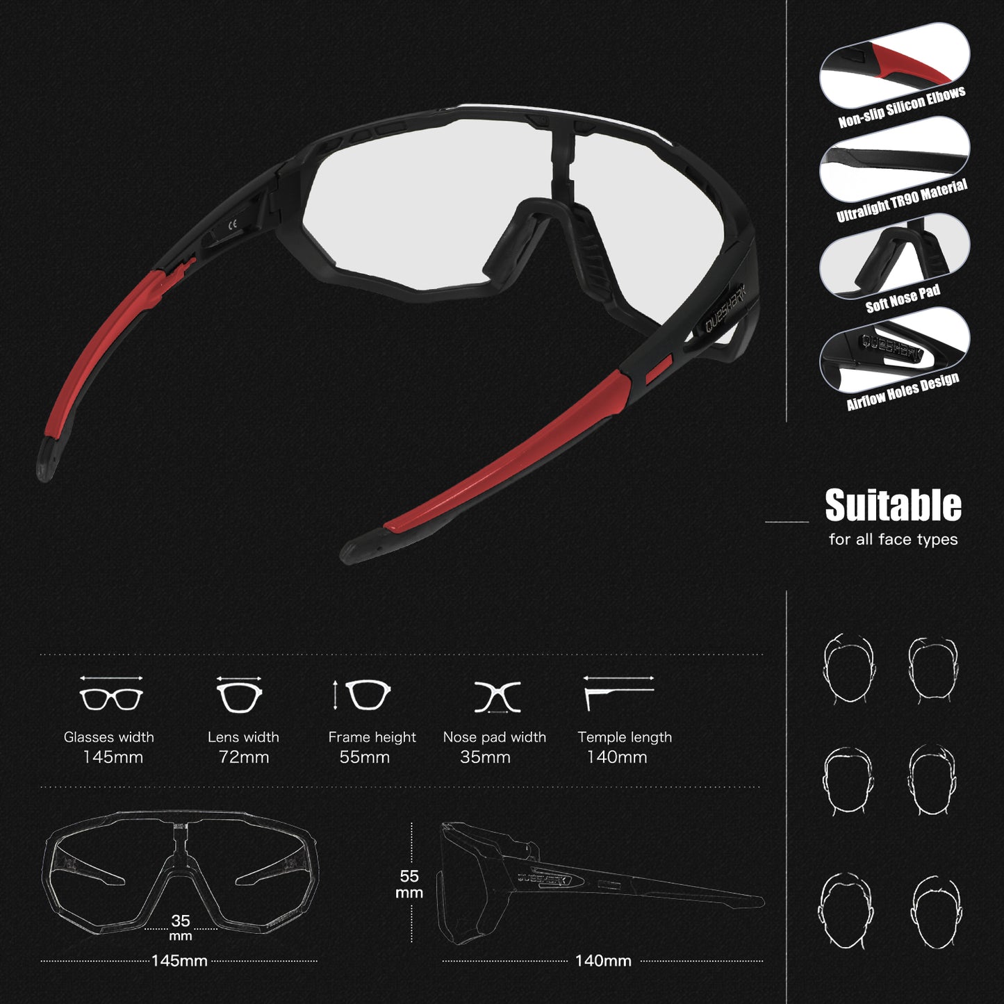 QE48 BS Queshark Photochrome Sonnenbrille für Männer Frauen Sicherheit Fahrradbrille UV-Schutz Outdoor Sport MTB Schwarz Rot