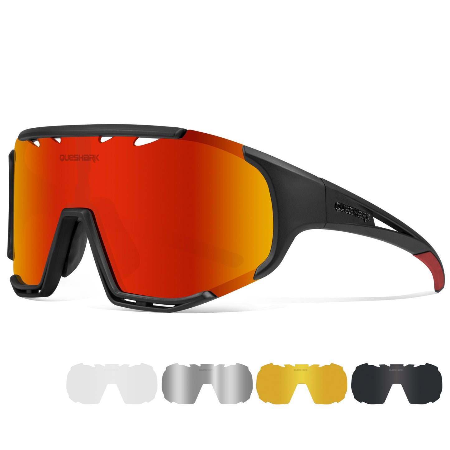 <transcy>Óculos de sol polarizados pretos vermelho QE55 Óculos de ciclismo masculino e feminino Óculos de direção grandes com 5 lentes</transcy>