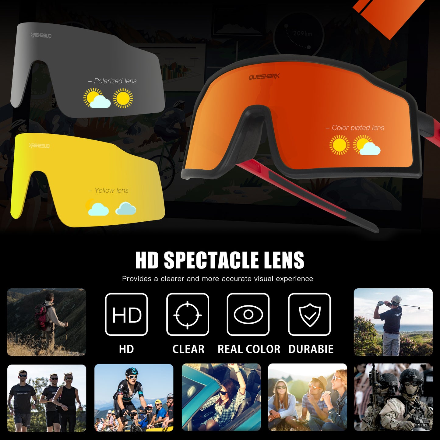 <transcy>QE54 Óculos esportivos pretos vermelhos óculos polarizados de bicicleta Óculos de ciclismo 3 lentes / conjunto</transcy>