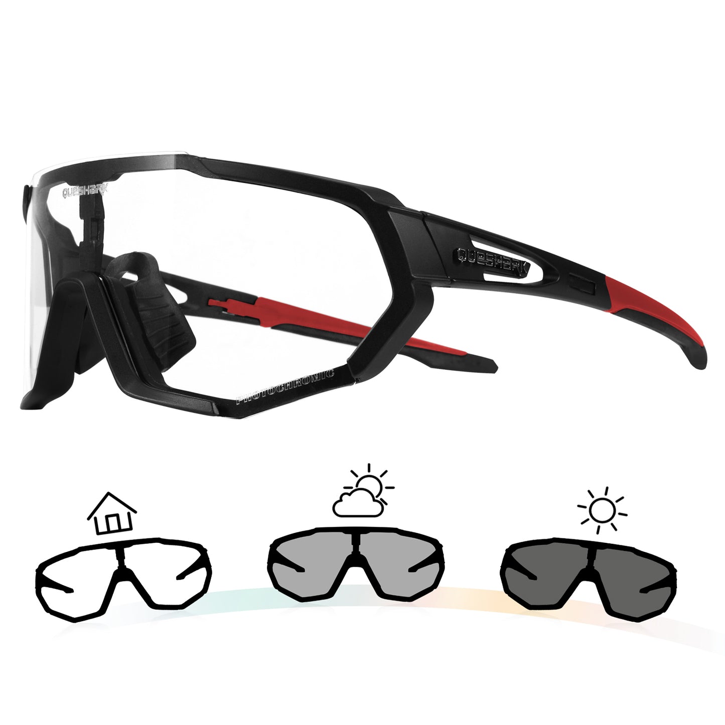 QE48 BS Queshark Photochromic Sunglasses for Men Women Safety Cycling Glasses UV Protection Outdoor   Sport MTB Black Red