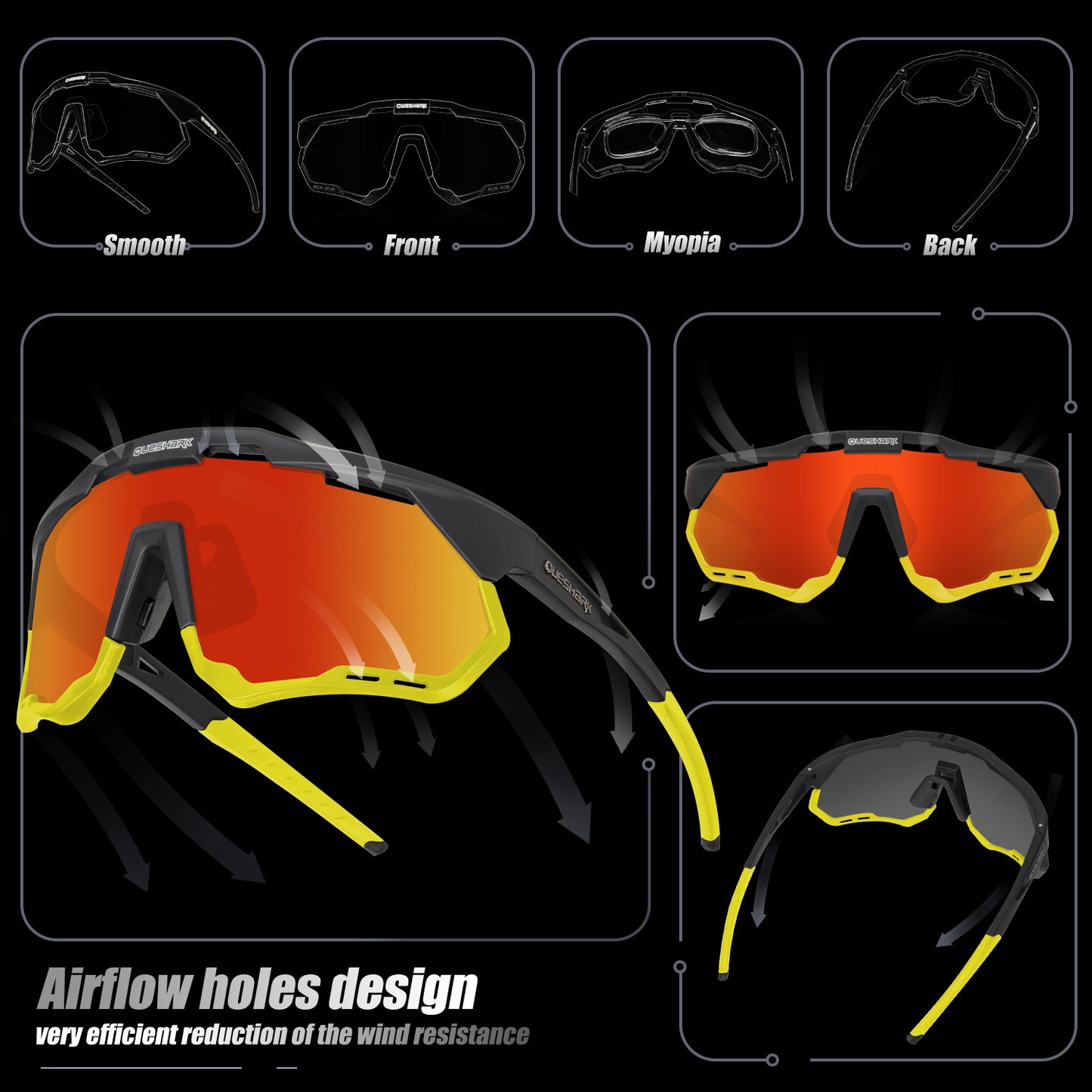 <transcy>QE52 ​​lunettes de cyclisme polarisées noires jaunes hommes femmes lunettes de soleil de sport avec cadre/lentille remplaçables</transcy>