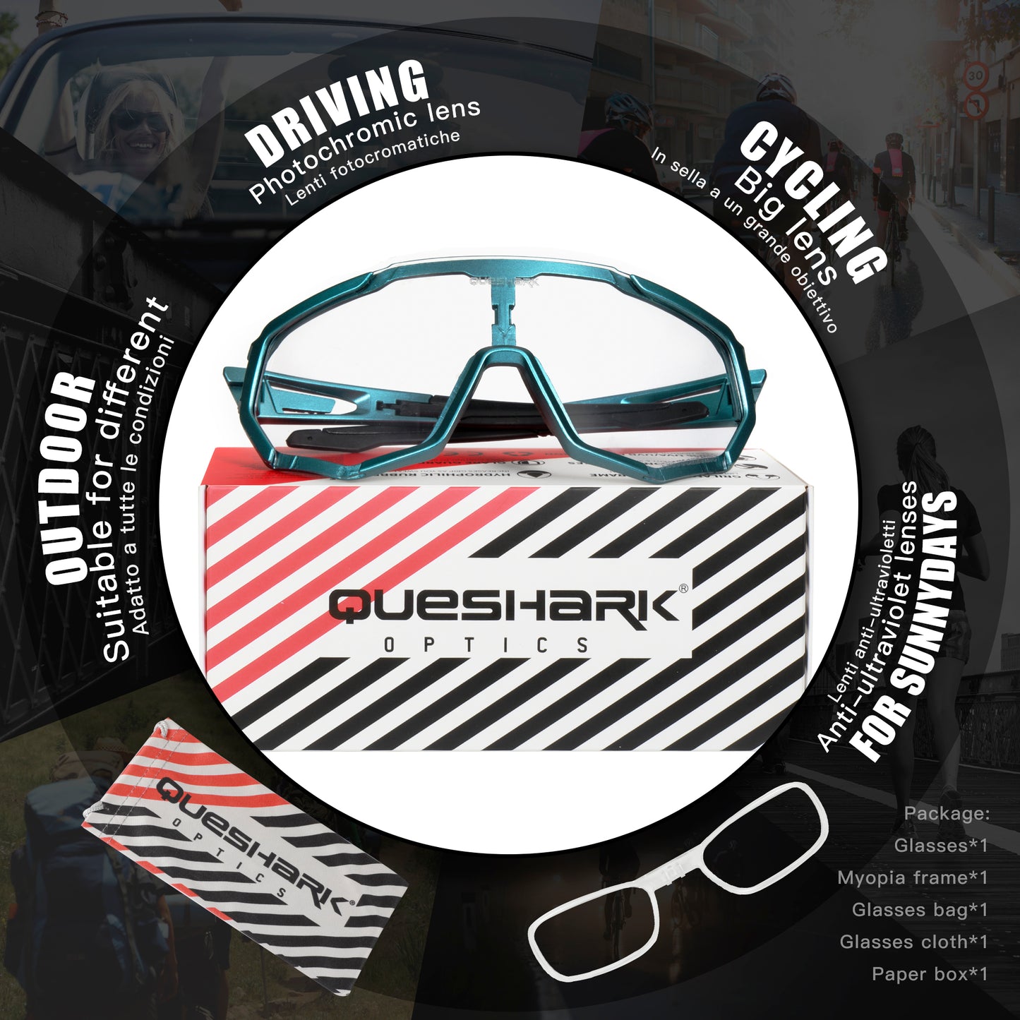 Óculos de sol fotocromáticos QE48 BS Queshark para homens e mulheres óculos de segurança para ciclismo proteção UV Esporte ao ar livre MTB DDL