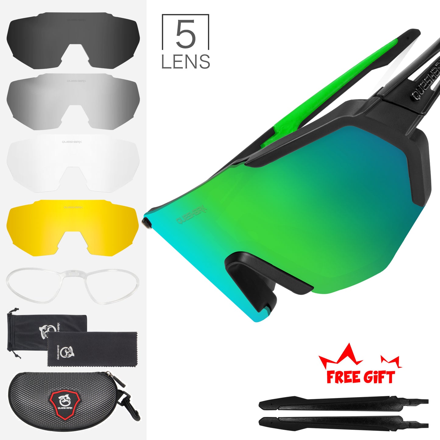 QE42 Black Green UV400 Polarized Cycling Eyewear Bike Glasses Bicycle Sunglasses 5 Lens/Set