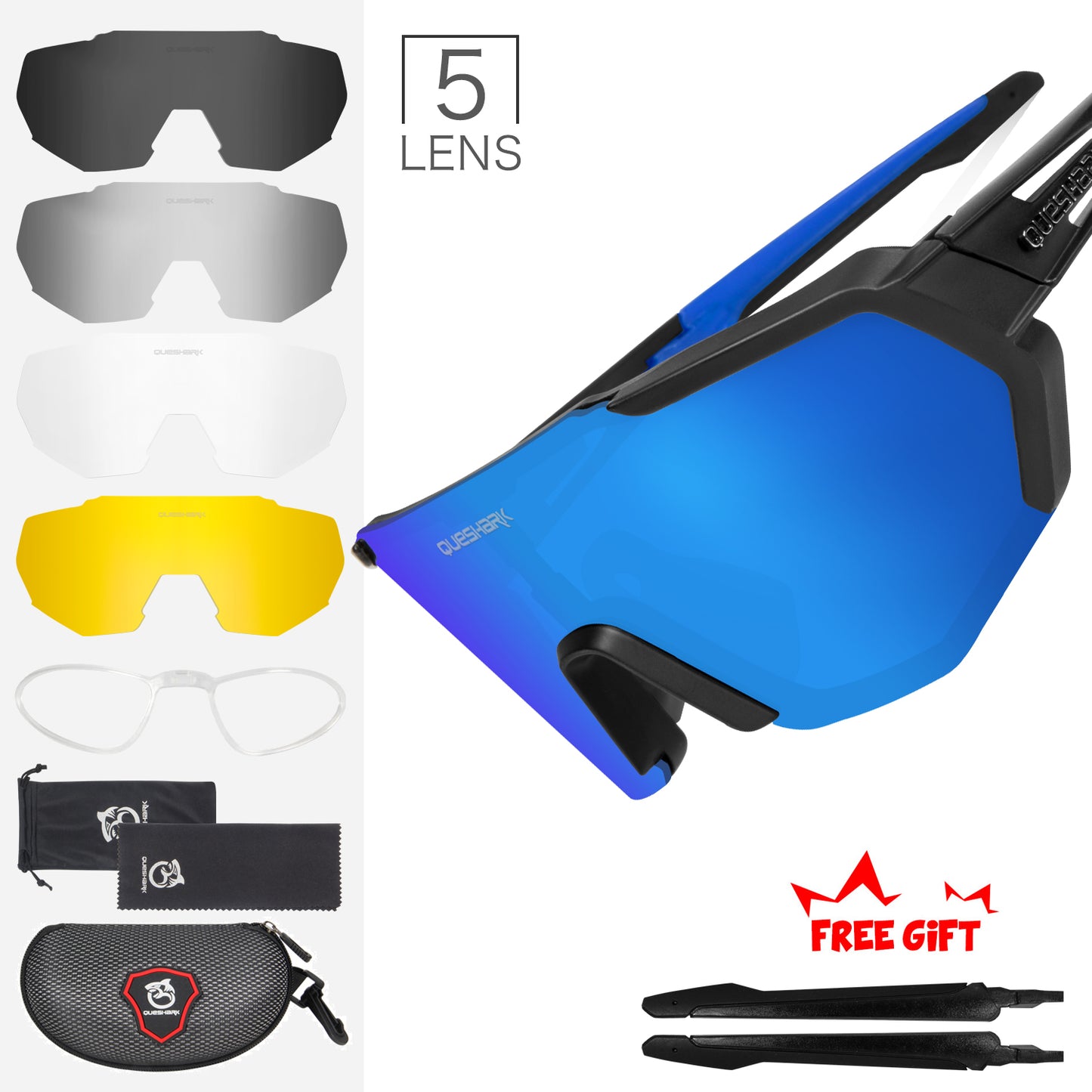 QE42 Black Blue UV400 Polarized Cycling Eyewear Bike Glasses Bicycle Sunglasses 5 Lens/Set