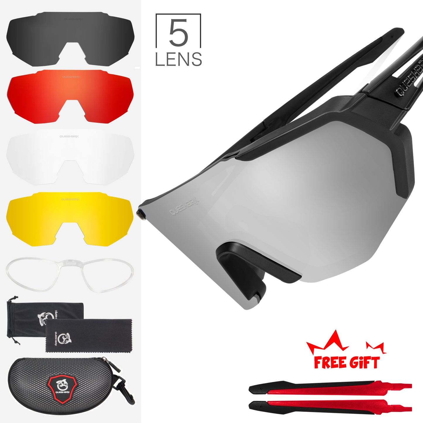 QE42 Nero UV400 Occhiali da ciclismo polarizzati Occhiali da bicicletta Occhiali da sole da bicicletta UV400 5 lenti/set