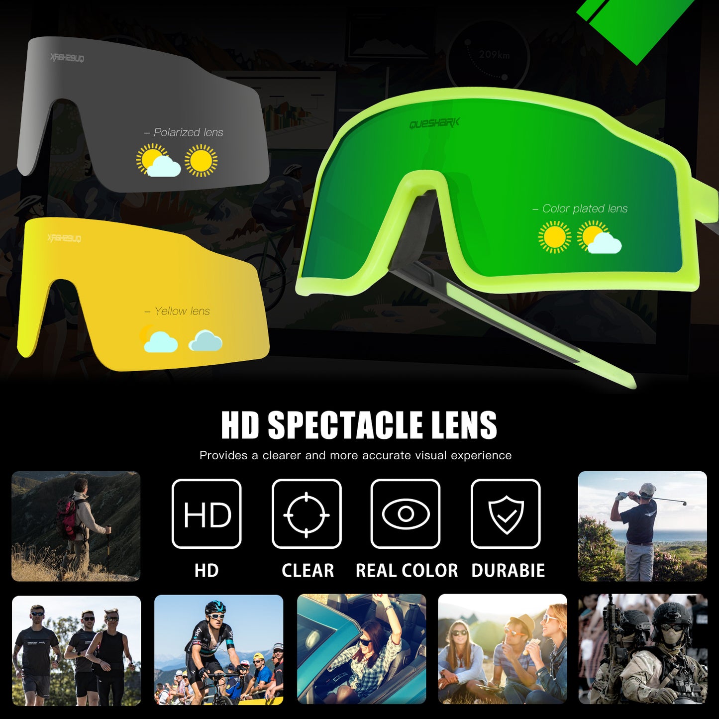<transcy>QE54 Óculos esportivos verdes óculos polarizados de bicicleta Óculos de ciclismo 3 lentes / conjunto</transcy>
