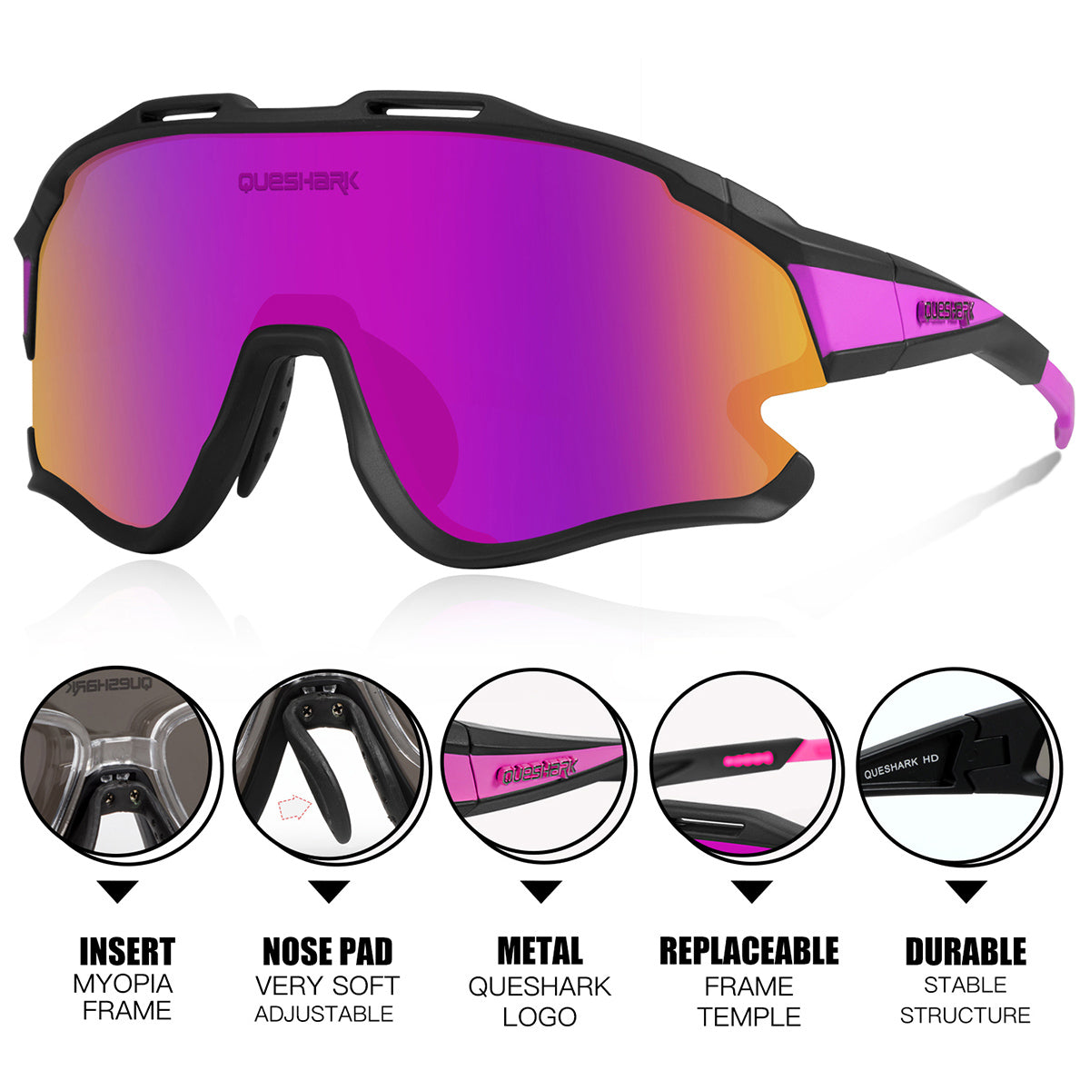QE51 Black Pink UV400 Cycling Glasses Bike Sunglasses 1 Polarized 3 HD Lens