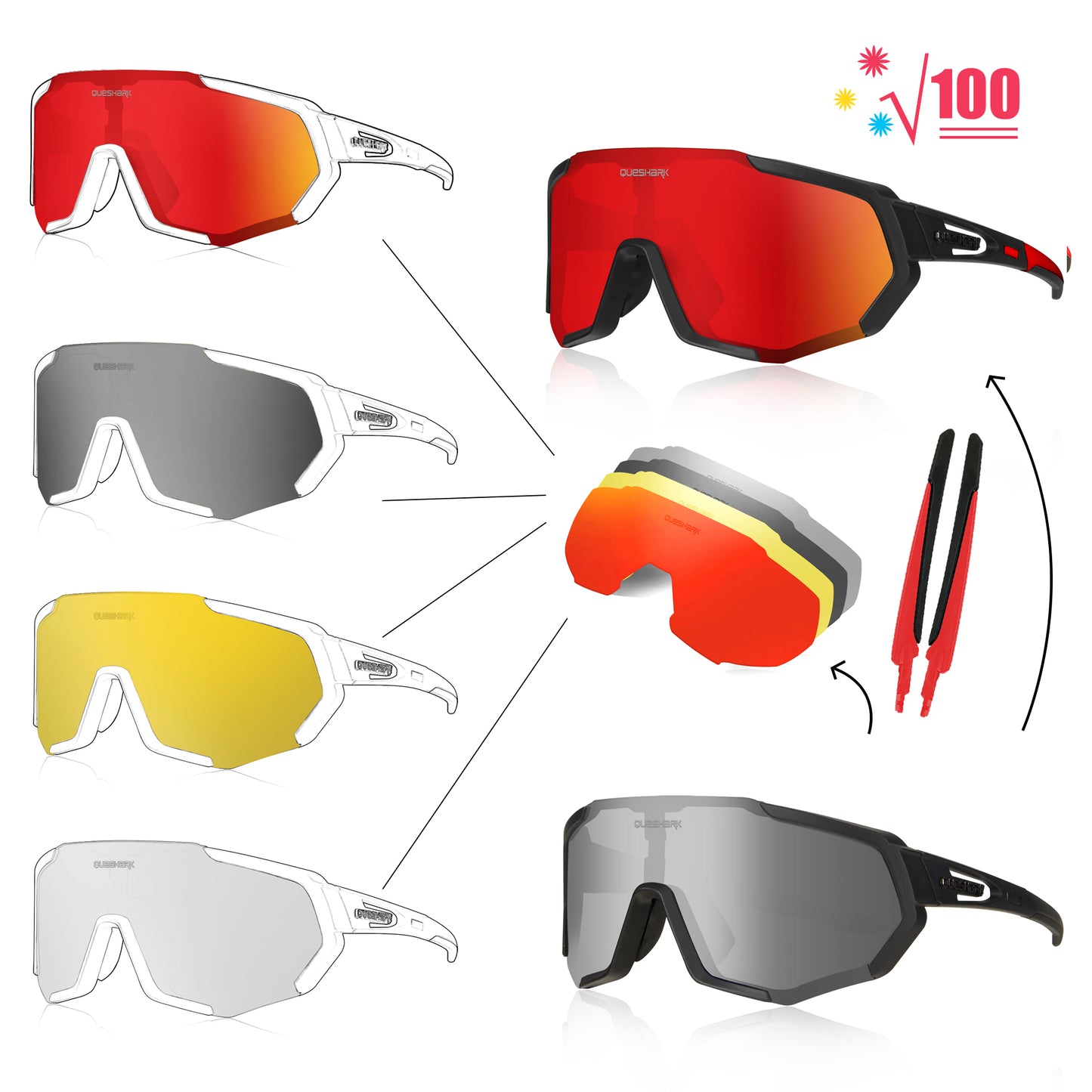 QE48 Black Polarized Glasses Bike Sunglasses Bicycle Goggles Cycling Eyewear UV400 5 Lens/Set