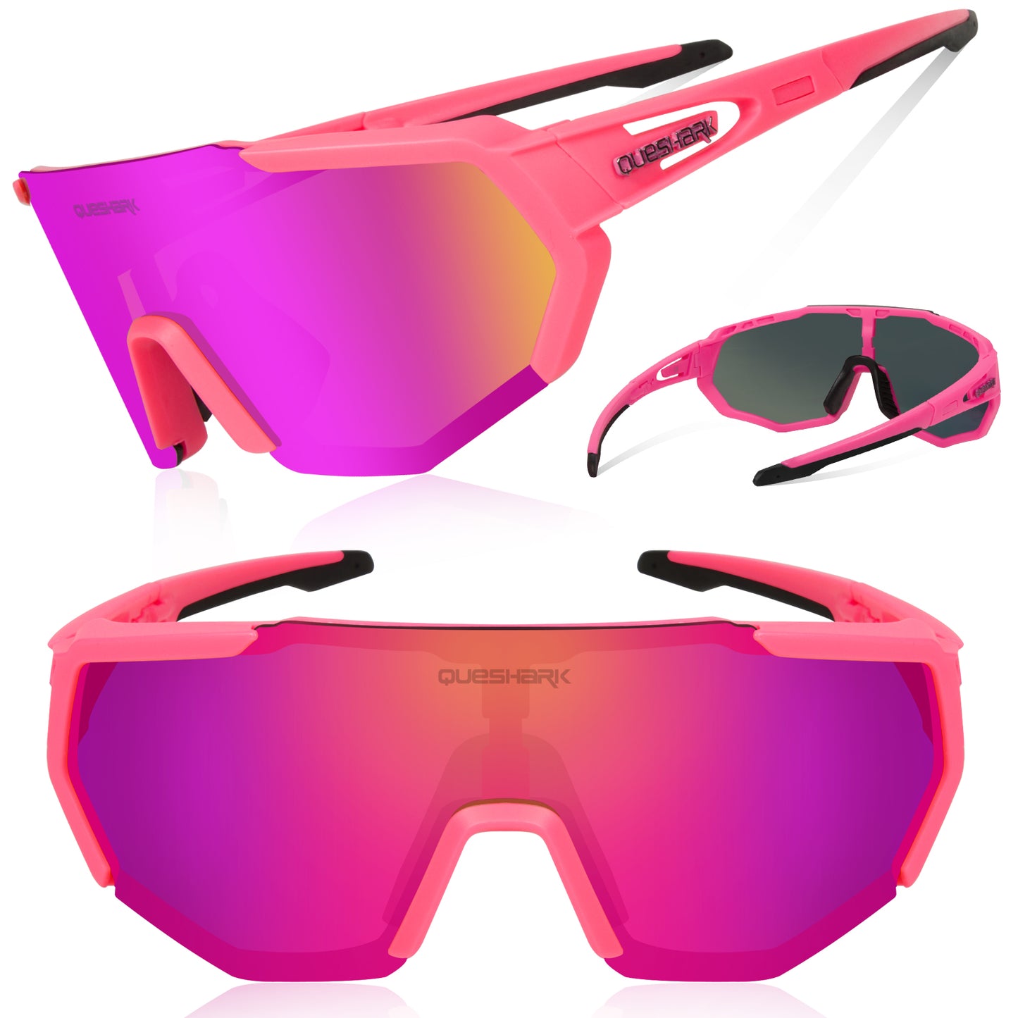 QE42 Pink UV400 Polarized Cycling Eyewear Bike Glasses Bicycle Sunglasses 5 Lens/Set