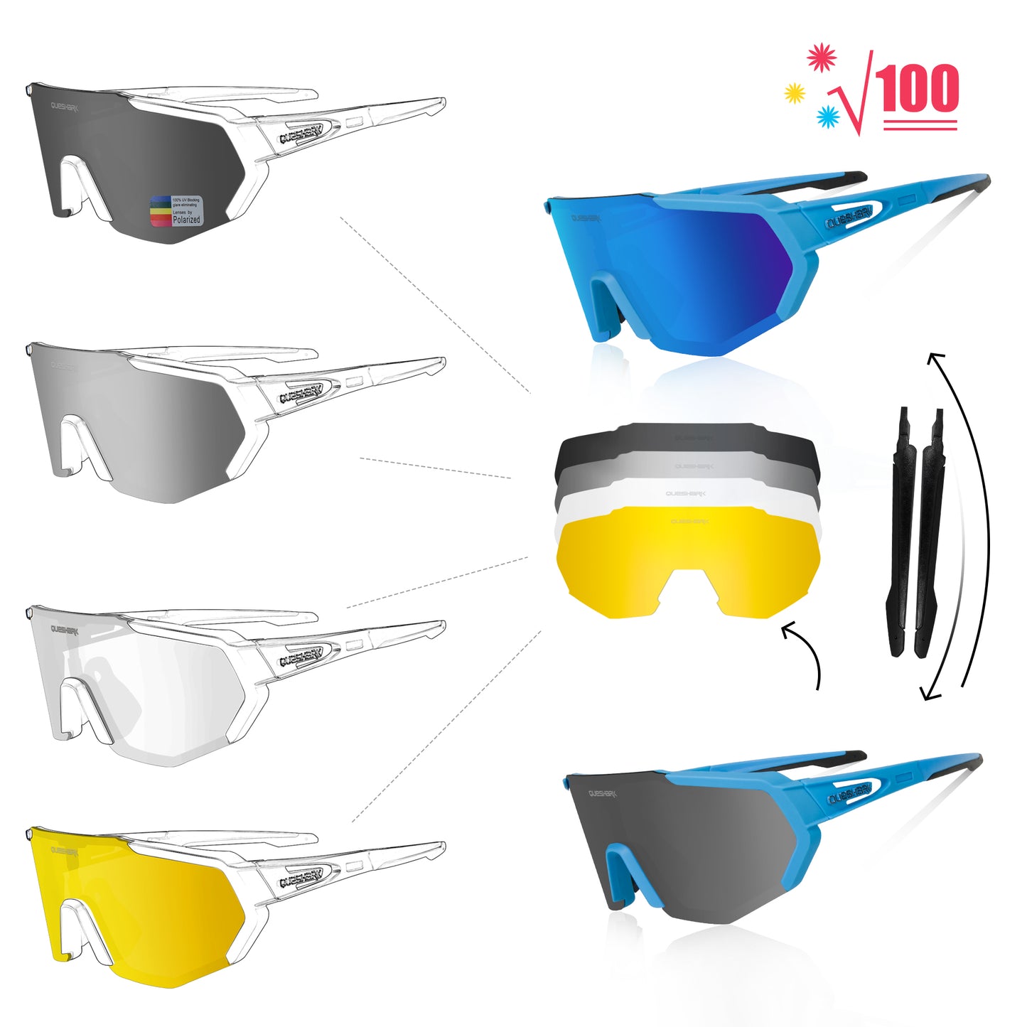QE42 Blue UV400 Polarized Cycling Eyewear Bike Glasses Bicycle Sunglasses 5 Lens/Set