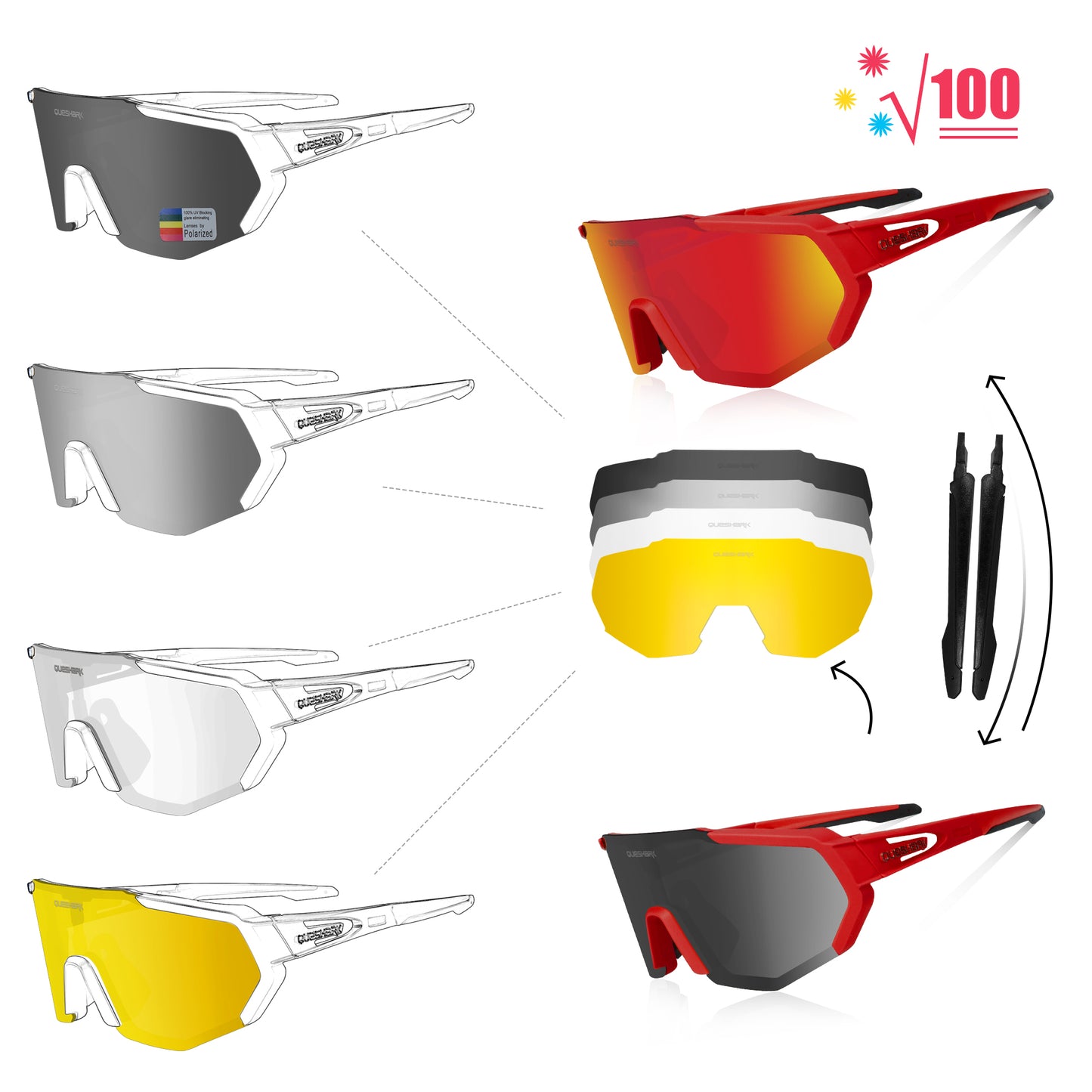 <transcy>QE42 rouge UV400 lunettes de cyclisme polarisées lunettes de vélo lunettes de soleil de vélo 5 lentilles/ensemble</transcy>