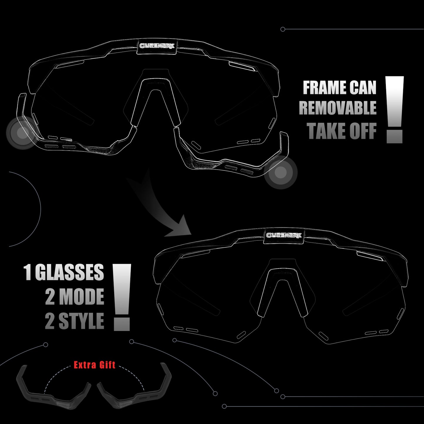 <transcy>QE52 ​​Schwarz Polarisierte Fahrradbrille Herren Damen Sport Sonnenbrille mit austauschbarem Rahmen/Gläser</transcy>