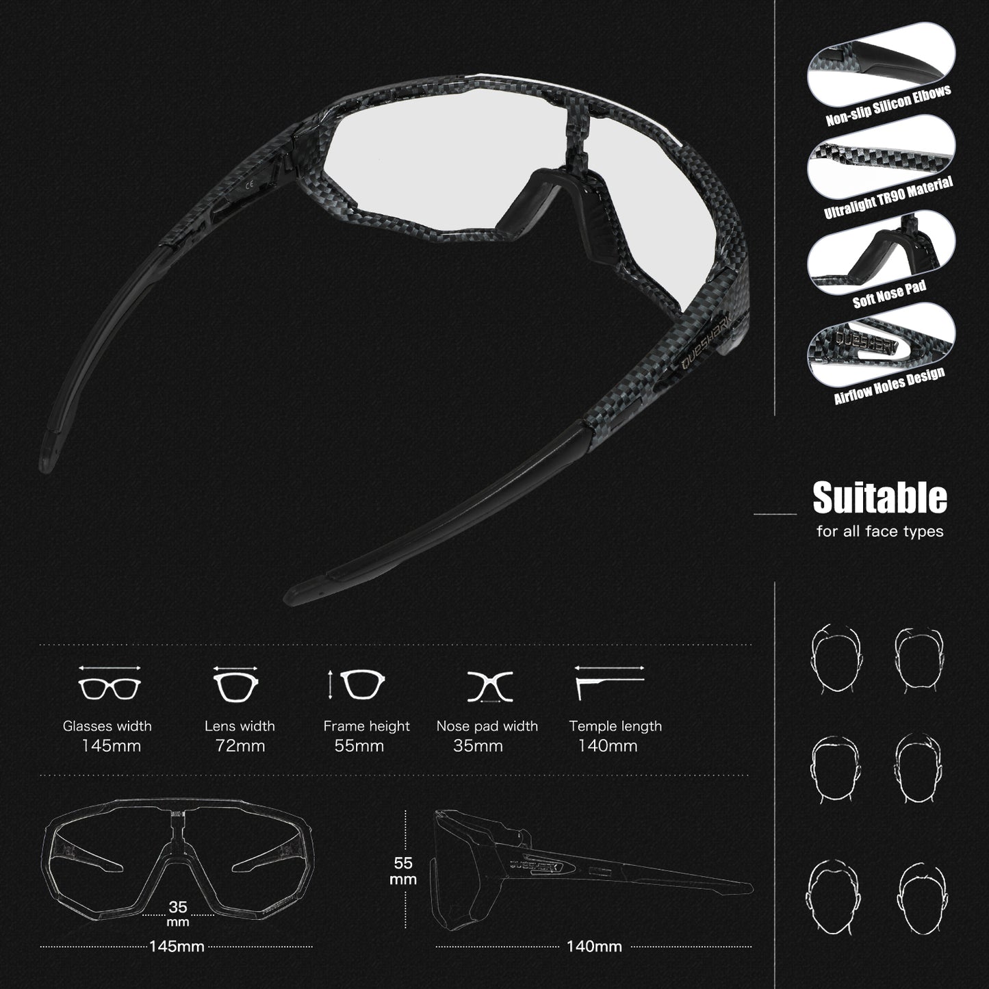 Óculos de sol fotocromáticos QE48 BS Queshark para homens mulheres óculos de segurança para ciclismo proteção UV Esporte ao ar livre MTB TXW