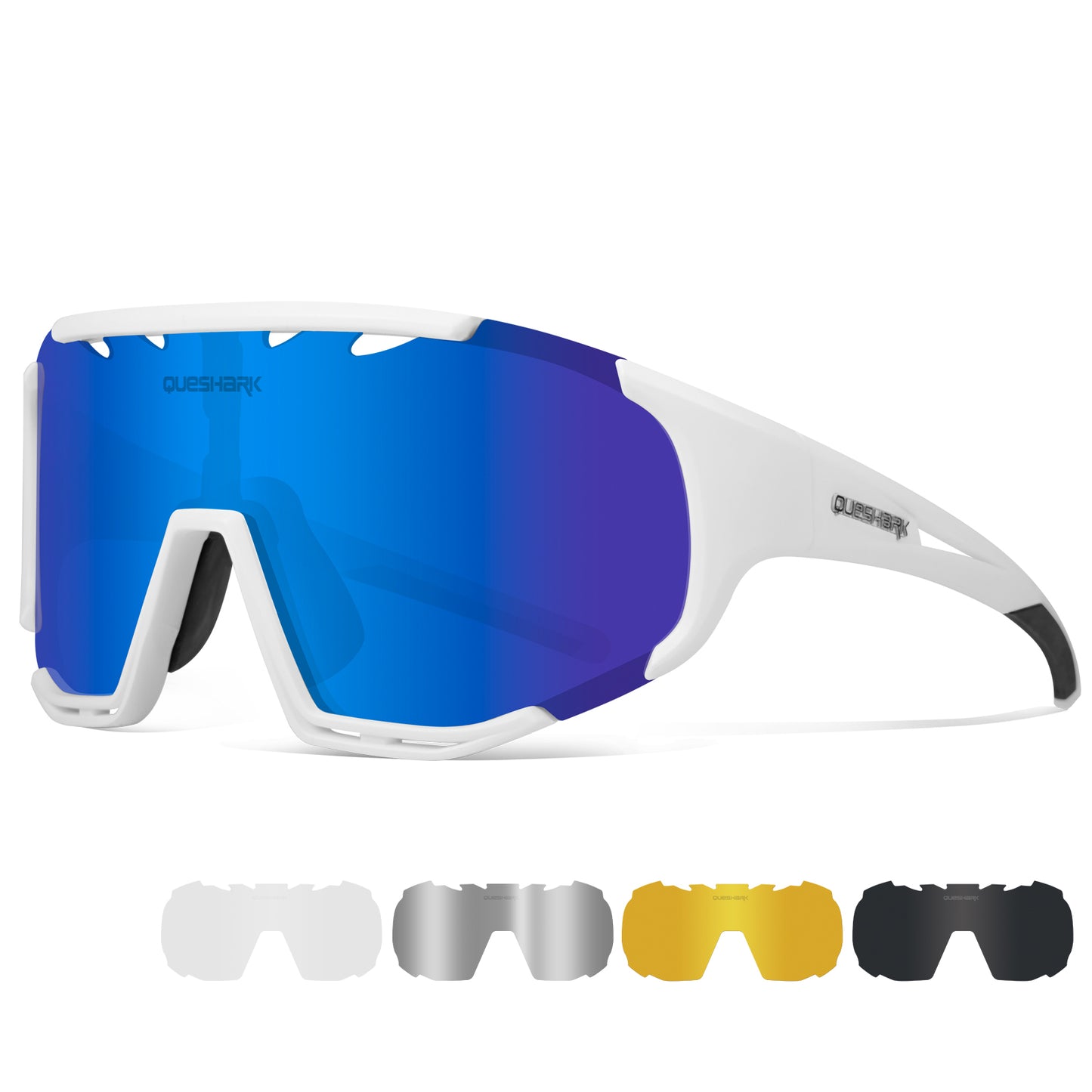 QE55 White Polarized Sunglasses Cycling Eyewear Men Women Oversized Driving Glasses with 5 Lens