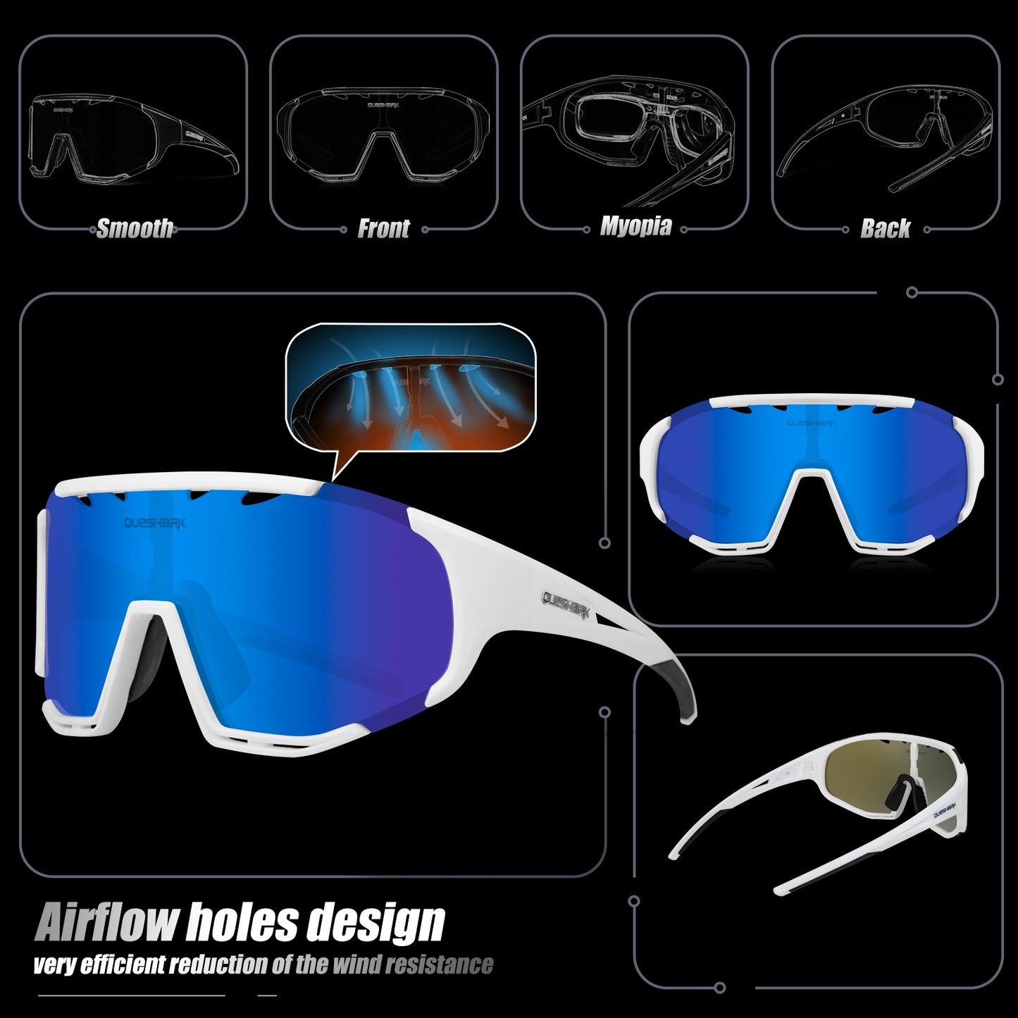Óculos de sol polarizados brancos QE55 Óculos de ciclismo masculino e feminino Óculos de direção grandes com 5 lentes