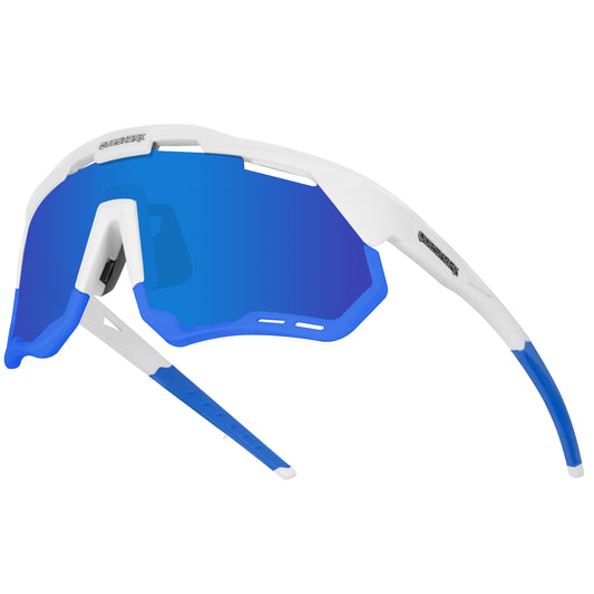 <transcy>QE52 ​​Gafas de ciclismo polarizadas azules blancas Hombres Mujeres Gafas de sol deportivas con montura / lente reemplazables</transcy>