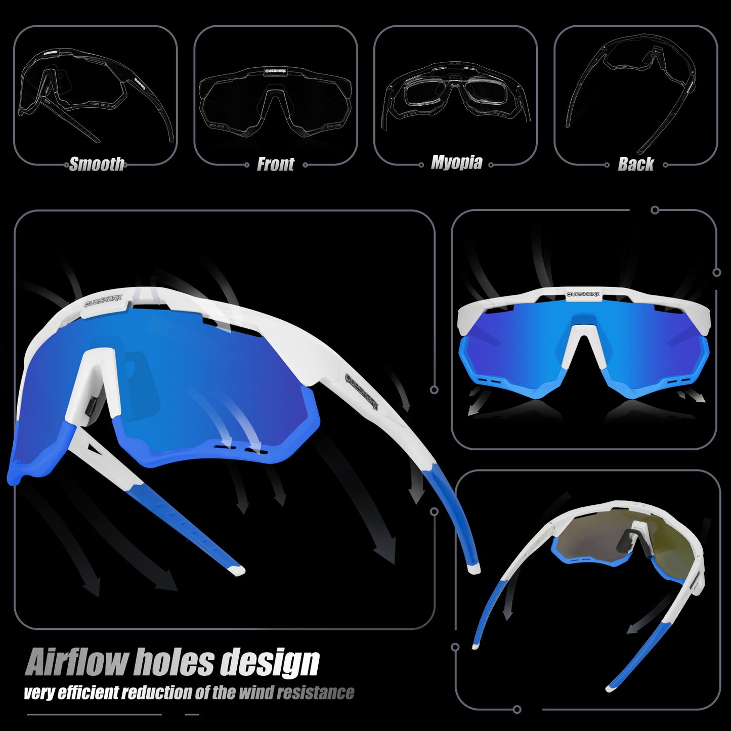 QE52 White Blue Polarized Cycling Glasses Men Women Sport Sunglasses with Replaceable Frame/Lens