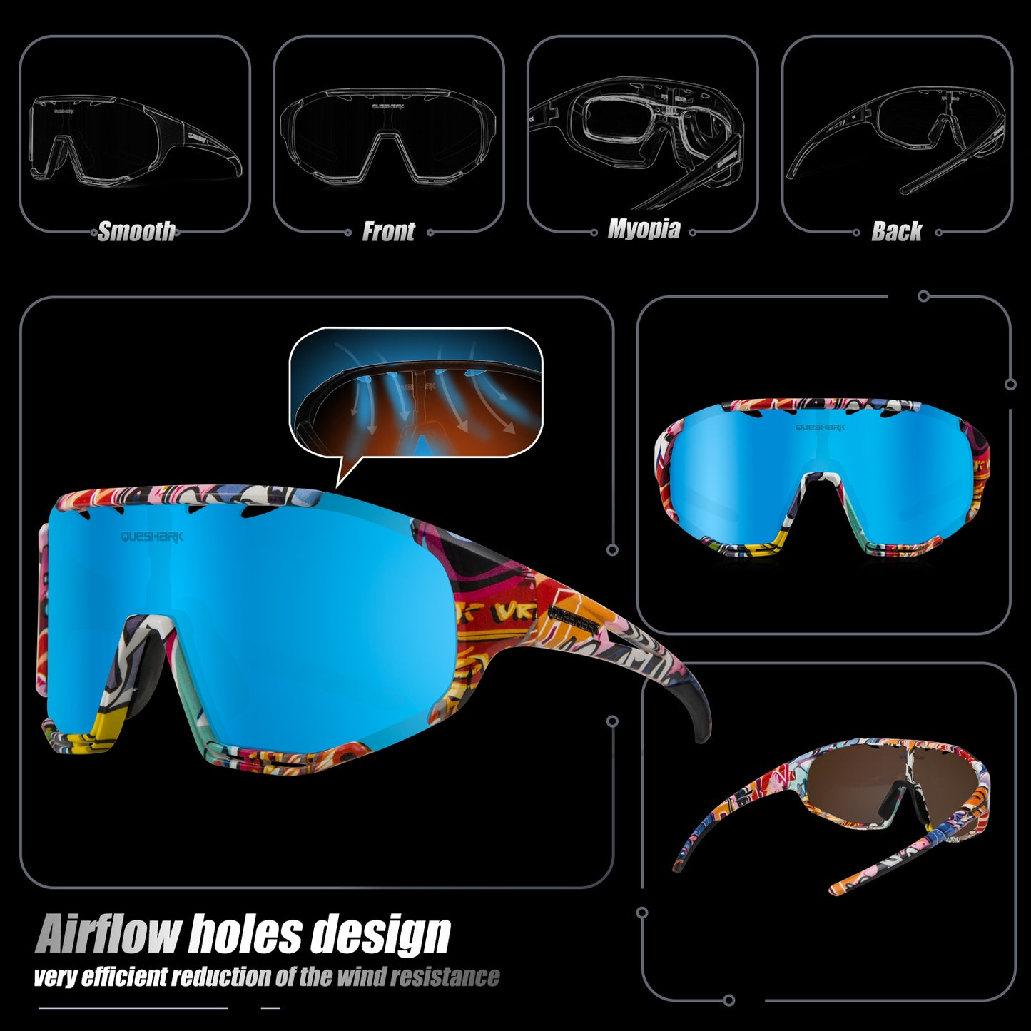 QE55 Camouflage Blue Polarized Sunglasses Cycling Eyewear Men Women Oversized Driving Glasses with 5 Lens